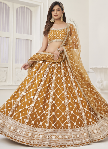 Yellow Sequence Work Soft Net Lehenga Choli For Wedding